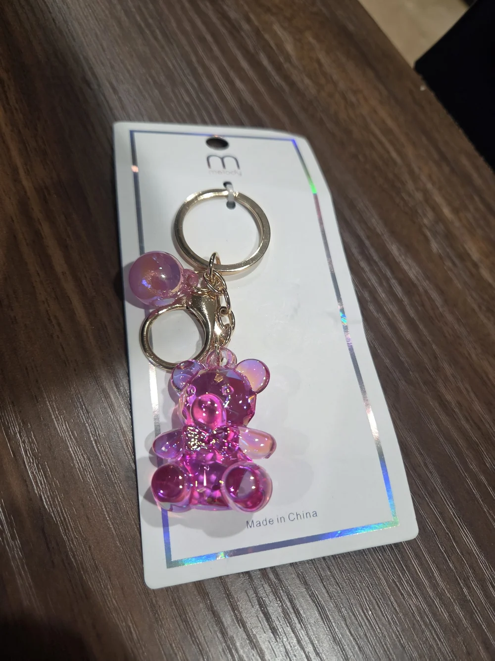 Iridescent Pink Gummy Bear Keychain with Gold Ring